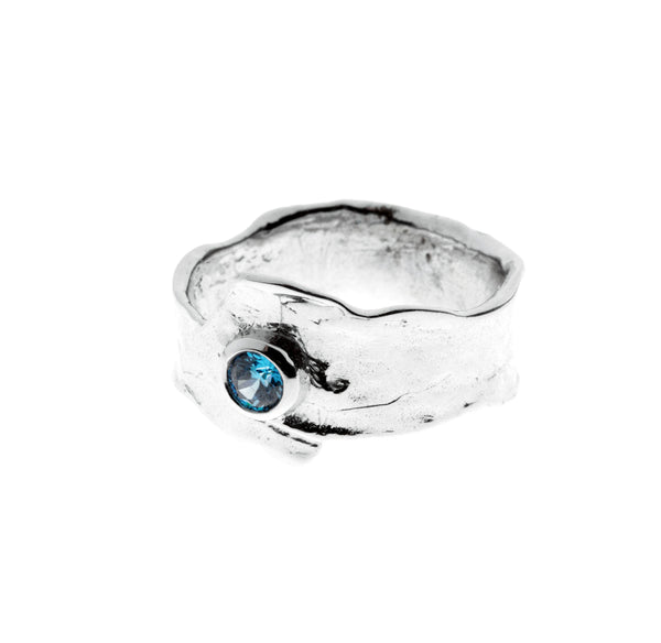Metal silver ring with blue cubic zirconia stone
