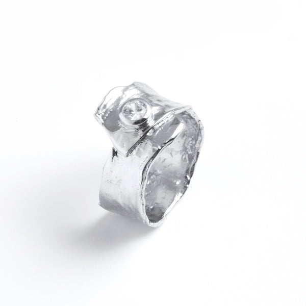 Metal silver ring with white cubic zirconia stone