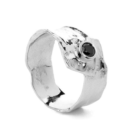 Metal silver ring with Black cubic zirconia stone