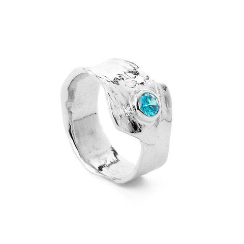 Metal silver ring with blue cubic zirconia stone