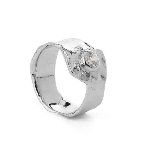 Metal silver ring with white cubic zirconia stone